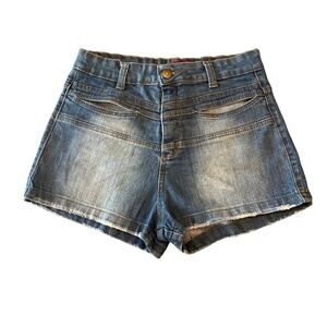 Y2K High Rise Denim Shorts Size 40 (US 8 -10) Distressed Peek A Boo Pockets 90s